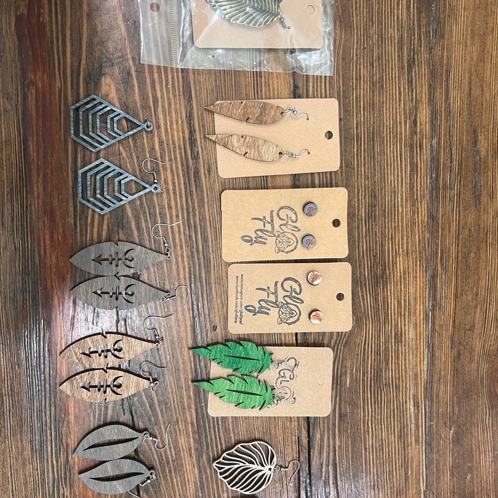 Assorted Wood and Metal Earrings Bundle - Green, Natural Wood, Silver